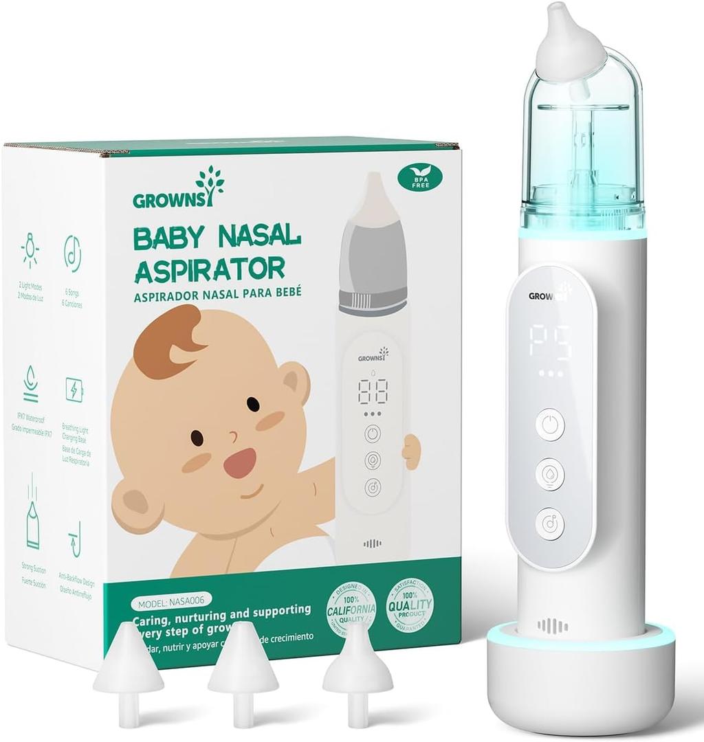 GROWNSY Nasal Aspirator for Baby, Upgraded 5 Suction Levels Baby Nose Sucker, IPX7 Waterproof Electric Nose Suction for Baby, Booger Sucker for Toddlers with Automatic Cleaning &Music &Light Functions (Standard, Grey)