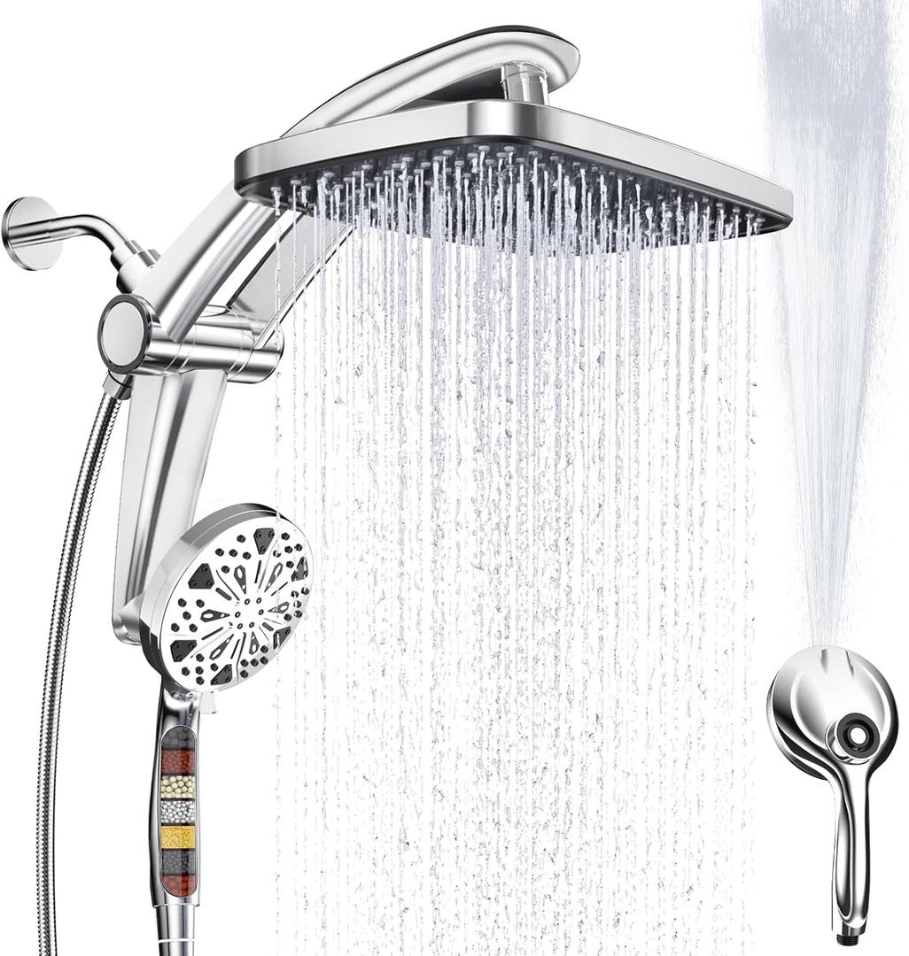 Rain Shower Head with filtered Handheld High Pressure rainfall Shower Heads with Handheld Spray Combo Adjustable one-piece stand daul shower head Built-in Magnetic Docking and Power Jets (Chrome)