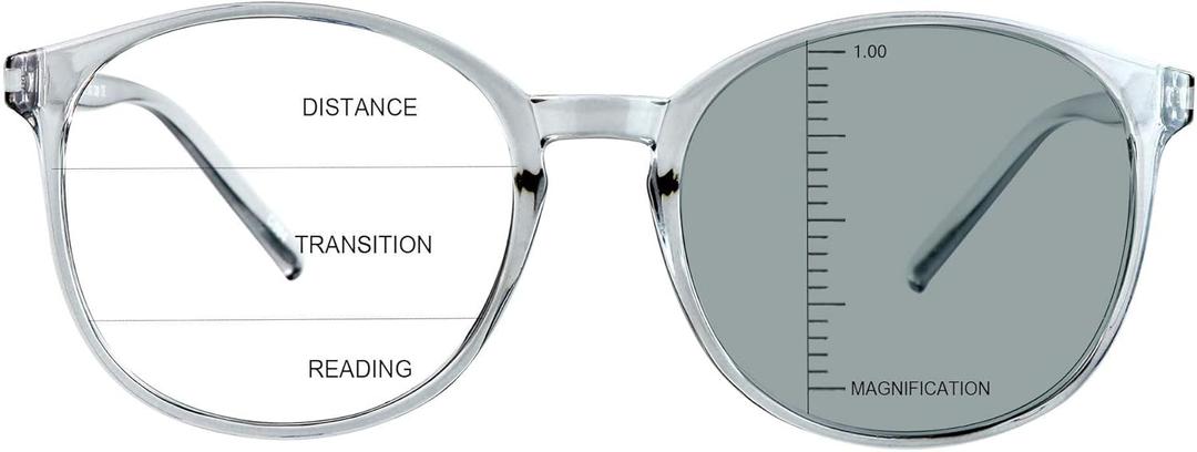 Vintage Round Progressive Multifocal Presbyopic Glasses, Photochromic Gray Sunglasses for Men Women Readers (Clear Gray,+1.00/+4.00 Magnification)
