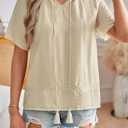 Womens Boho Tops V Neck Short Sleeve Lace Trim Blouses Peasant Tassel Tie Front Casual Cute Shirts (Beige, XL)
