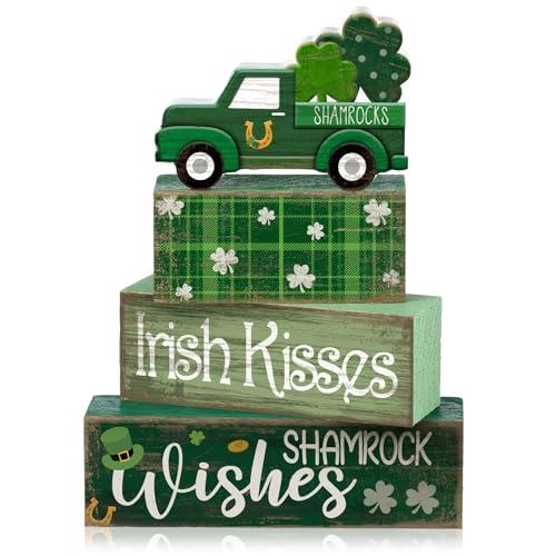 Lineshading 4 Pcs St. Patrick's Day Table Decoration Wooden Shamrocks Truck St Patrick's Day Tiered Tray Decor Irish Table Centerpiece for Saint Patty's Party Farmhouse Home Kitchen Decor