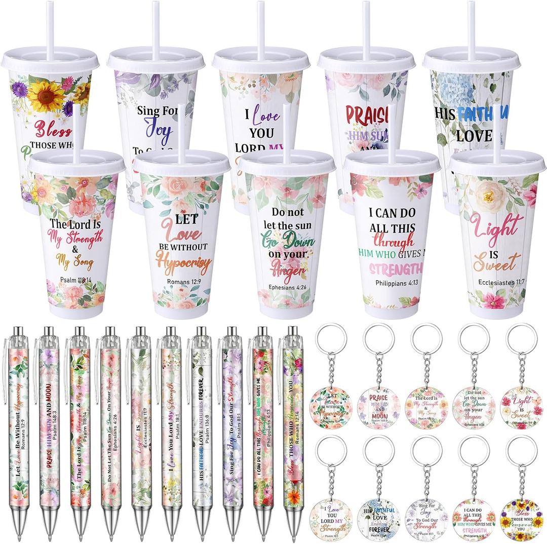 30 Pcs Mother's day Christian Gifts Bulk 24 oz Church Religious Cups Teacher appreciation gift Scripture Bible Verse Plastic Tumblers with Lid and Straws Quote Pens Faith Keychain for women