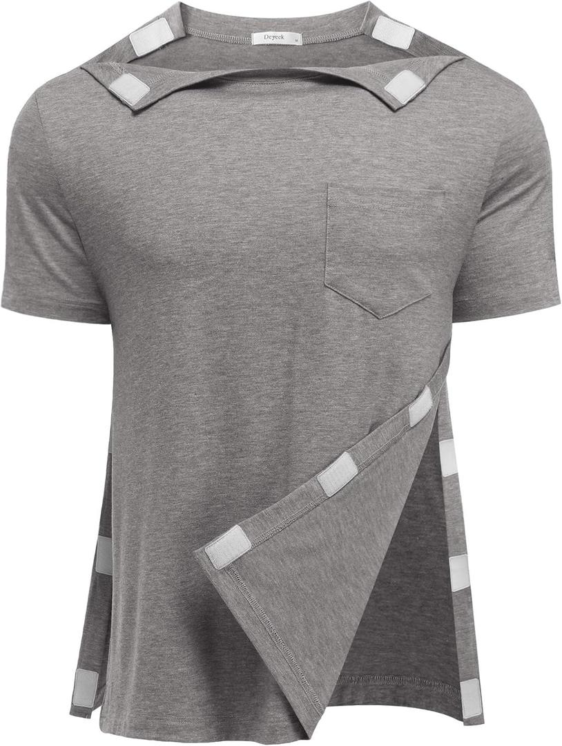 Deyeek Shoulder Post Surgery Recovery Shirts for Men Full Tear Away Short Sleeve T Shirt Adaptive Chemo Clothing (Gray, XXXL)