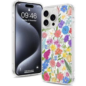 Magnetic for iPhone 15 Pro Max Case [Compatible with MagSafe] Colorful Floral Flower Pattern Design, Clear Slim Shockproof Protective Phone Cover for Women Girls