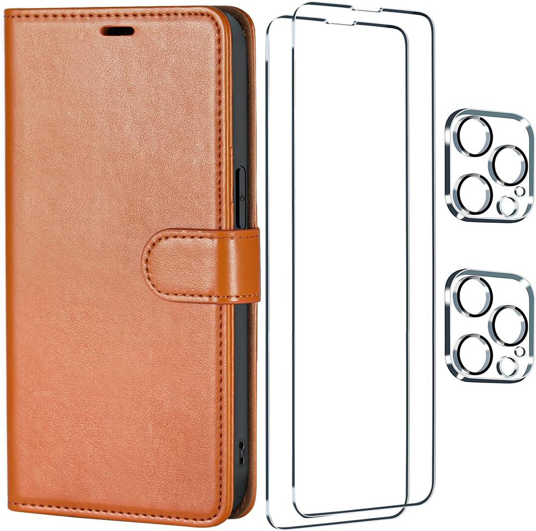 [5 in 1] for iPhone 14 Pro Wallet Case with Card Holder, PU Leather RFID Blocking Stand Cover Magnetic Case with 2 Screen Protector and 2 Camera Lens Protector, Shockproof Flip Phone Case