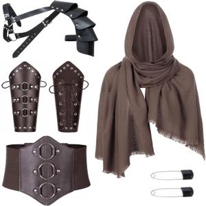 Medieval Knight PU Leather Corset Belt Shawl Men Renaissance Half Shoulder Cape Scarf Buckle Bracers Retro Accessories (One Size, Type1)