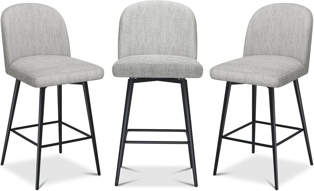 Counter Height Bar Stools Set of 3, 26 Inch Upholstered 360Swivel Barstools with Back and Metal Legs, Linen Fabric Counter Stools for Kitchen Island, Dining Room, Pub, Light Grey
