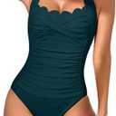 Eomenie Women One Piece Tummy Control Swimsuit Halter Scallop Trim Bathing Suits 1 Piece Vintage Ruched Slimming Swimwear, size Large