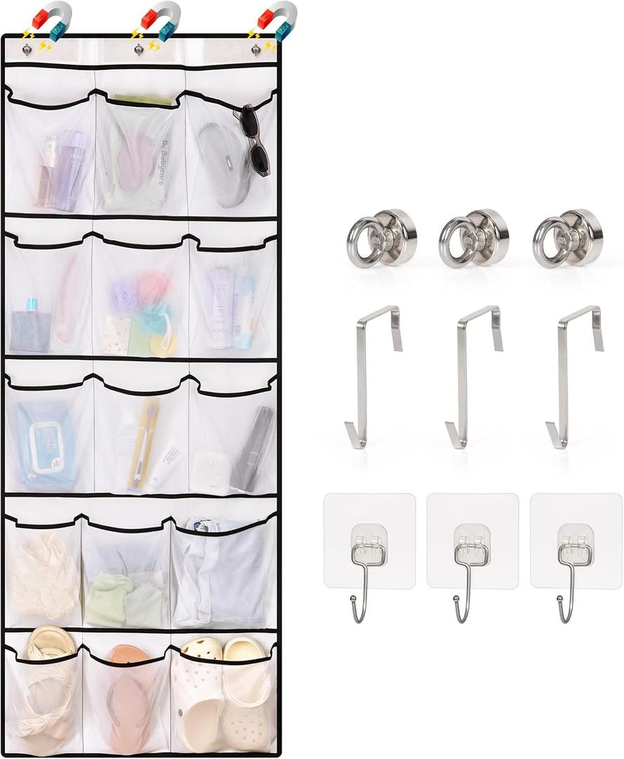 Over The Door Cruise Ship Organizer - Cruise Ship Magnetic Door Organizer with 15 Size-Graded Pockets, Hanging Magnetic Cruise Storage Shoe Rack for Cabin, 2025 Cruise Essential, 9 Hooks(White)
