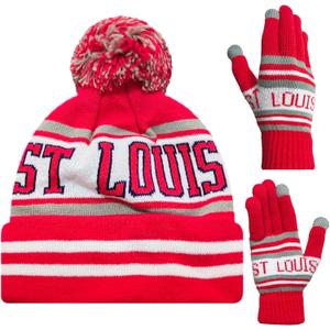 Vintage Classic Skull Cap Beanie Hat Cuffed Winter Hat Knit Comes with Warm Gloves Gifts for Unisex Fans (St Louis C)
