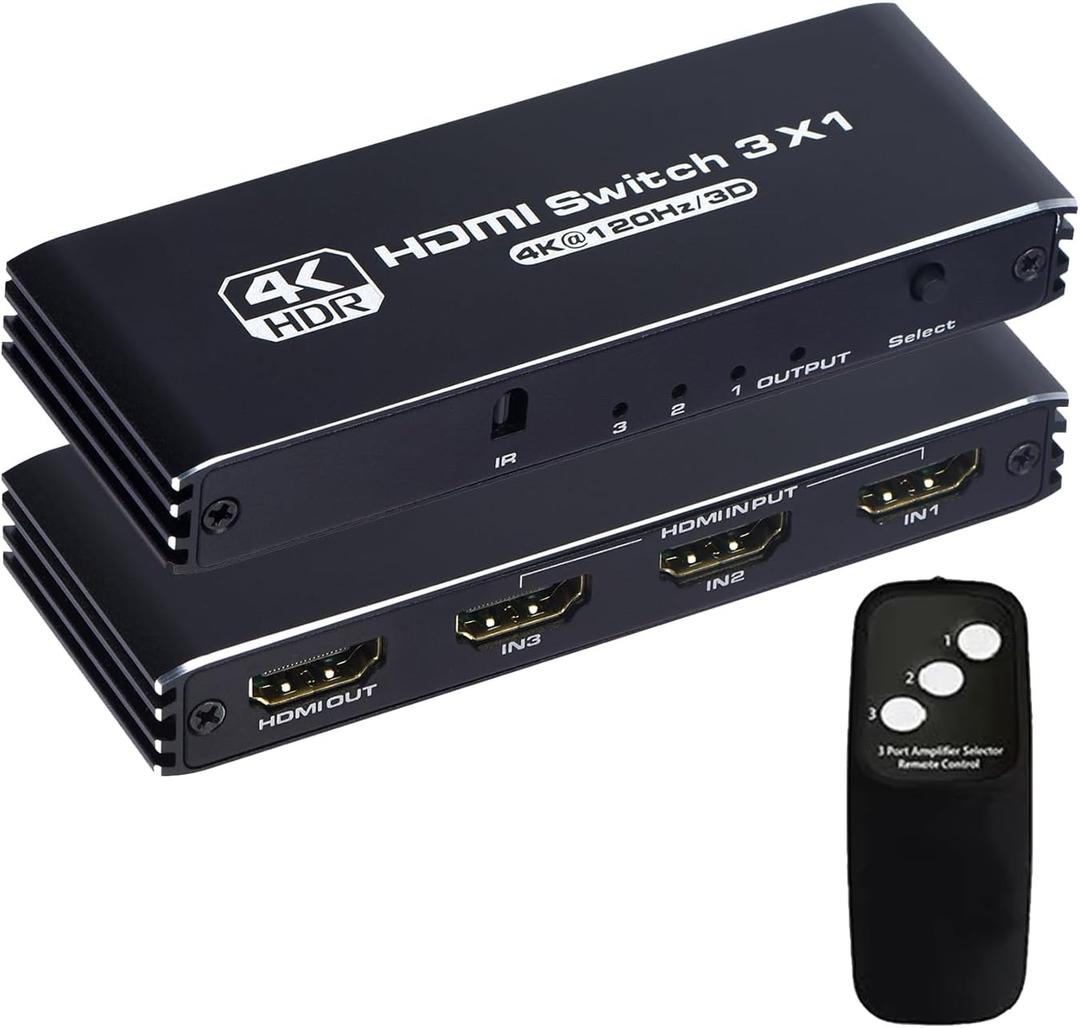 HDMI Switch 3 in 1 Out 4K 120Hz, HDMI Switcher 3x1 with IR Remote Control Support 4K@120Hz, 1080P@240Hz 3D, HDR, HDMI 2.1, HDCP 2.3, Compatible with PS5/ PS4/ PS3, Xbox, TV, DVD etc (Black)