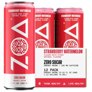 ZOA Zero Sugar Energy Drinks - Strawberry Watermelon | Healthy Energy Formula with Natural Caffeine, Daily Vitamin C, Essential B-Vitamins | Gluten-Free, Keto Friendly | 12 Ounce Cans (Pack Of 12) (EXP 12/01/26)