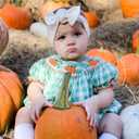 2 x Ayalinggo Halloween Baby Girl Outfits Newborn Pumpkin Plaid Short Sleeve Smocked Bubble Romper Cute Infant Christmas Clothes (Blue)