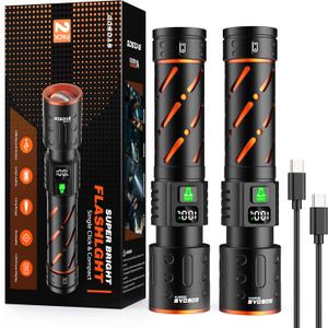 Rechargeable Flashlights High Lumens 100000 2 Pack, Super Bright 30W LED, Long Lasting 12H, Single Click 3 Modes, Multifunctional USB C Input Output LCD Power Display, for Camping Hiking Home