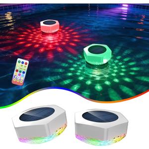GEYUEYA Home Solar Floating LED Pool Light with Remote Control, 7 Colors, 3 Lighting Modes, IP68 Waterproof Pool Light with Timer and Brightness Settings, 2 Items