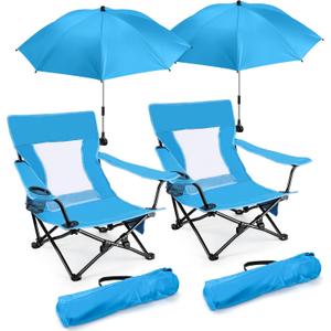 Joyfair Beach Camping Chair with Umbrellas, 2 Pack Outdoor Folding Low Camp Chairs for Adults, Heavy Duty Portable Chair with Umbrella for Outside Fishing, Lawn, Sport, Cup Holder & Carry Bag (Blue)