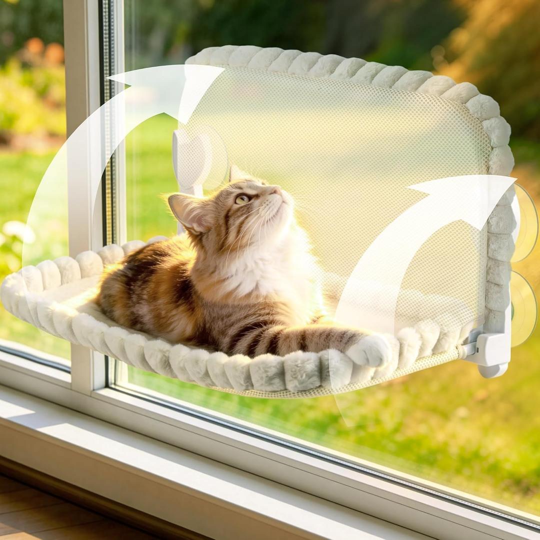 Cat Window Perch - Beige Cordless Foldable Cat Window Hammock for Large Cats, Sturdy Metal Frame Hanging Cat Bed, 40 lbs Capacity (23.62  11.81 inch)