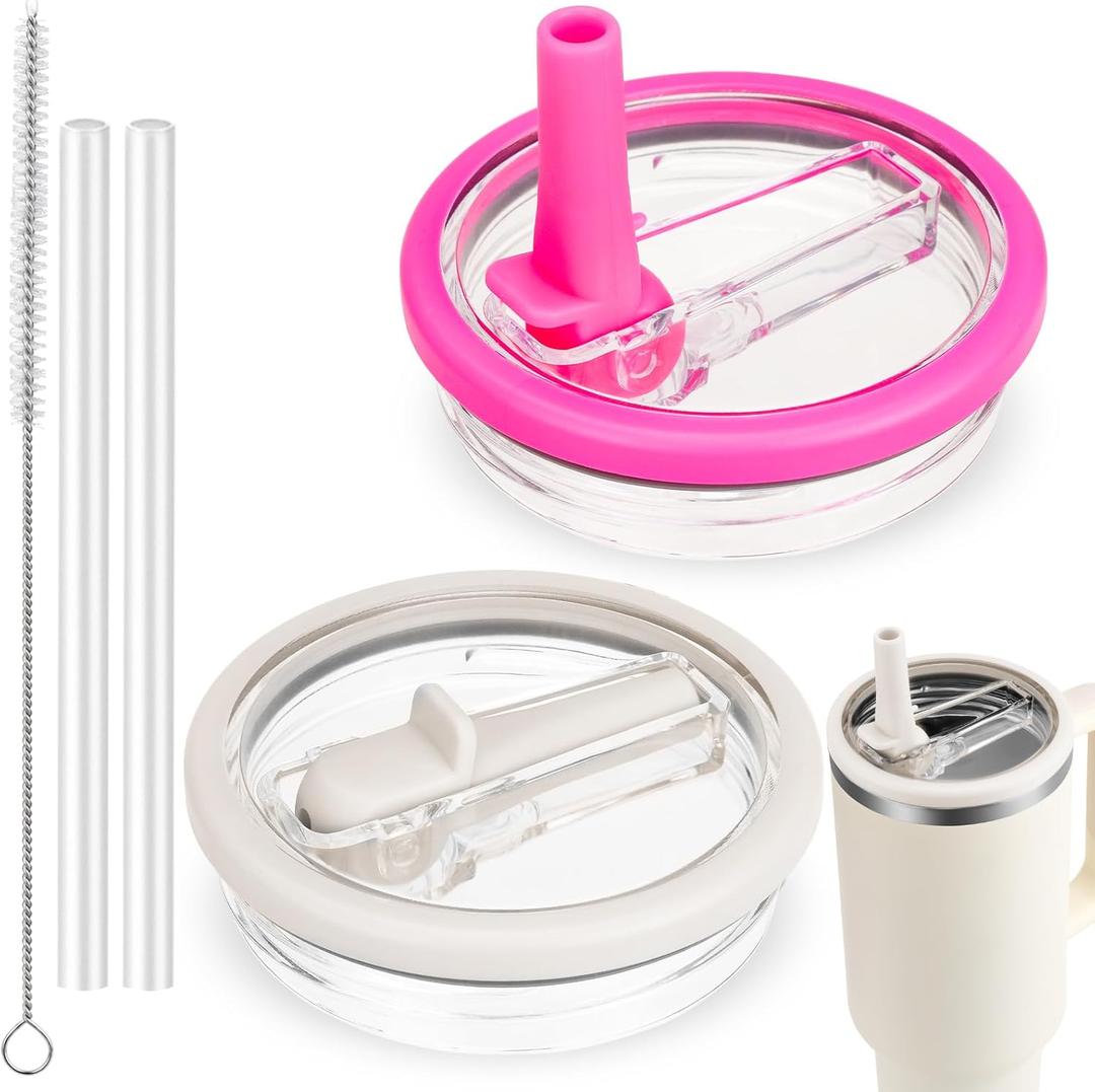 Flip Straw Lid for Stanley Quencher, Spill Proof 40 OZ Tumbler Lids for Stanley Cup, Non Spill Straw TOP Cover Replacement Accessories with Brush Red and White