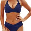 Yonique Women Two Piece Bathing Suits Push Up Bikini Set Halter Swimsuit Vintage Swimwear (Large, Navy Blue)