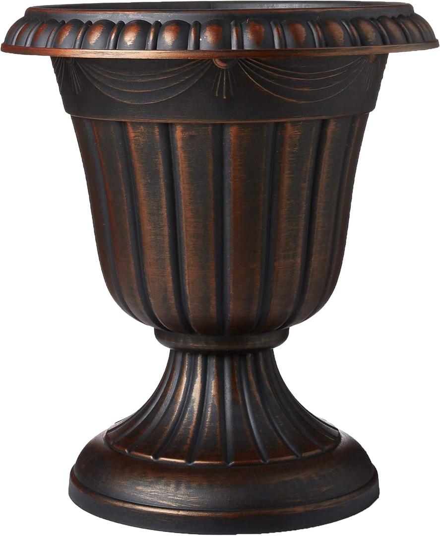 Arcadia Garden Products Small 10x12” Classic Traditional Plastic Urn Planter, Indoor/Outdoor Garden Plant Pot Garden Décor, Brushed Copper