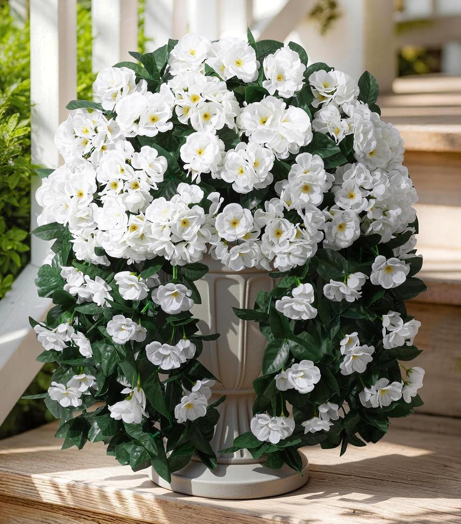 Artificial Fake Hanging Flowers Geraniums for Outdoors Spring Outside Decor, 2 PCS Faux Silk Flowers UV Resistant Outdoor Plants Realistic White Trailing Vines for Planters Porch Patio Garden Balcony