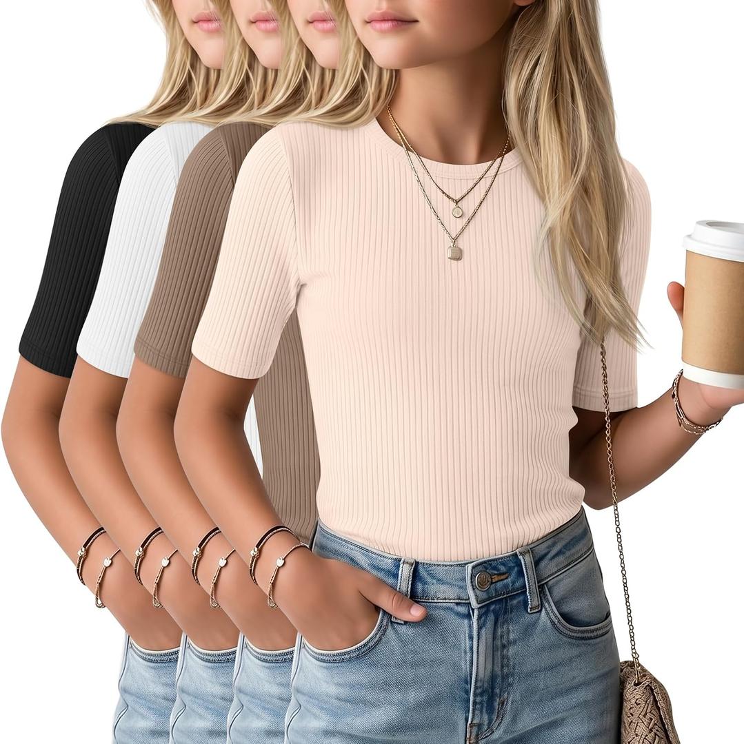 4 Pack Girls Soft Shirts | Short Sleeve, Ribbed, Slim Fit Tops, Crewneck, Cute, Casual, Basic Tee Shirts, Summer, Stretchy, Daily School Wear
