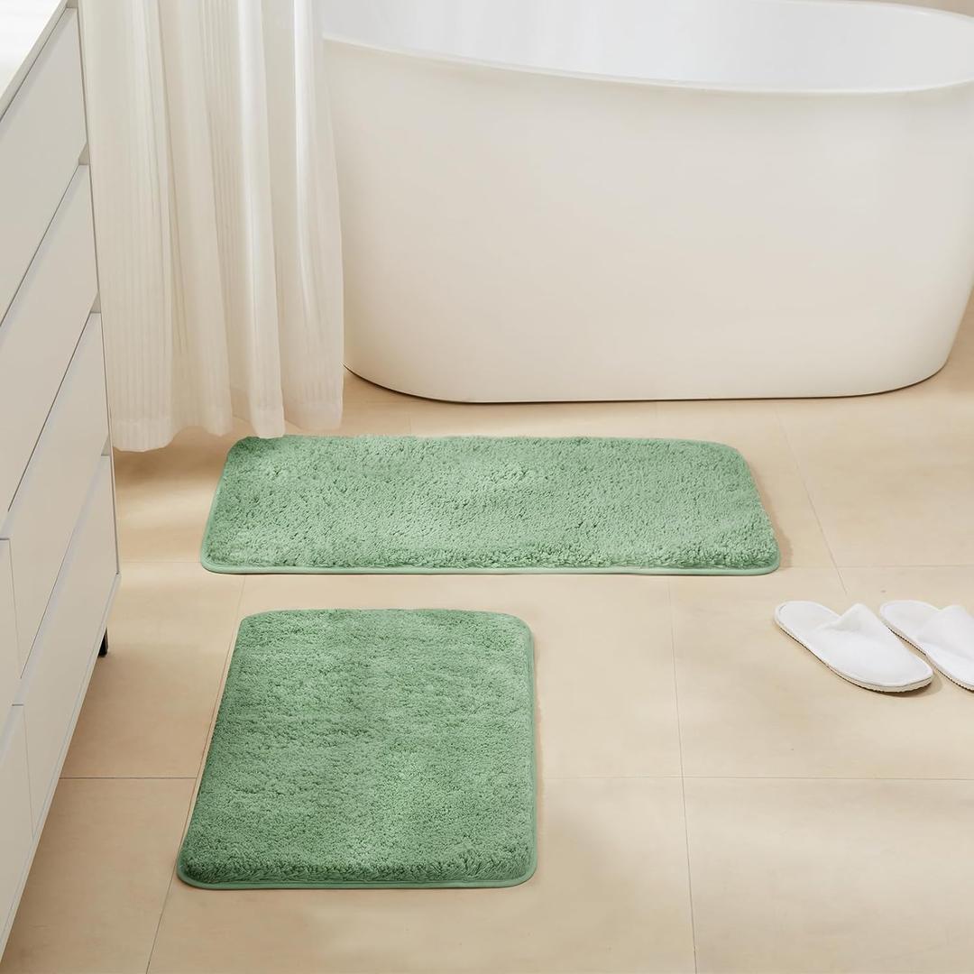 TECHMILLY Non-Slip Bathroom Rugs Sets 2 Piece, Fluffy Soft Luxury Microfiber Shower Mat, Absorbent, Washable & Quick Dry for Bath Floor, Green (Sage)