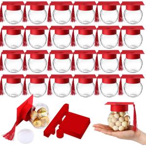 Teenyyou 24 Pcs Red 2026 Graduation Cap Candy Jars Graduation Party Favors Candy Containers Bulk Grad Cap Box Jars Container with Tassels for DIY Table Party Supply Gifts