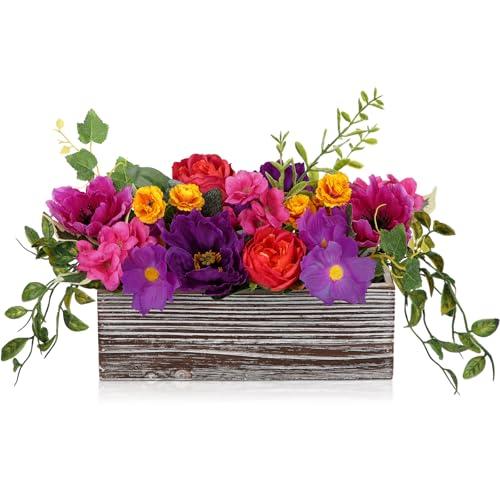 DILATATA Flower Arrangement with Wooden Vase 101" Artificial Flowers in Pot - Fake Flowers in White Rectangular Wooden Vase Potted Faux Flower Centerpieces for Table Decor Living Room - Purple