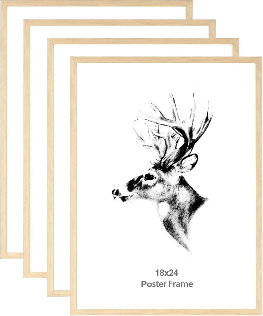 Yaetm 18x24 Poster Frame Set of 4, Natural Solid Oak Wood Frame 18x24 for Photos, Posters & Art Prints, Wall Gallery for Horizontal and Vertical Wall Mount (4 pack, Oak)