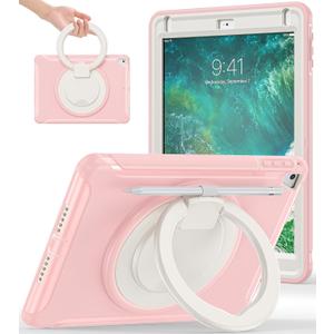 BATYUE Case for iPad 6th Generation 9.7 inch 2018, iPad 5th Gen 2017, iPad Air 2/ iPad Pro 9.7'',Shockproof Protective Cover with Pencil Holder &Rotating Kickstand,for Kids,Girls (Cheery Pink)
