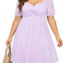 Plus Size Graduation Dress - Summer Swiss Dot Sweetheart Neckline Short Sundress Puff Sleeve Cute Flowy Chiffon Dresses (Purple) 16W