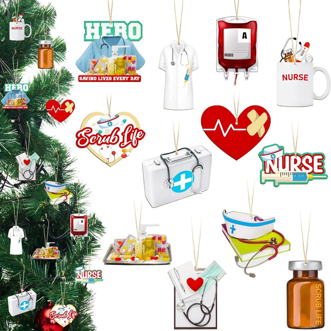 36 Pcs Christmas Nurse Ornament Tray Life Medicine Uniform Stethoscope First Aid Ornament Kit Nurse Appreciation Gifts Xmas Tree Decoration Gift for Christmas Tree Decor