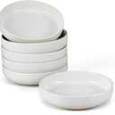 LIANYU Pasta Bowls Set of 6, 33oz Wide and Shallow Stoneware Salad Bowls, Large Serving Pasta Plates for Kitchen, Microwave and Dishwasher Safe, Snowy White