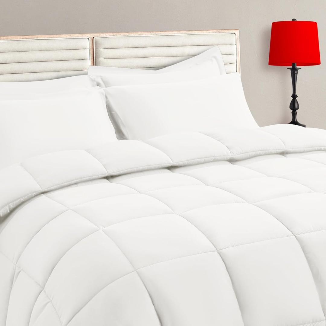 TAIMIT Ivory Queen Size Comforter Set - 7 Pieces, Bed in a Bag Bedding Sets with All Season Soft Quilted Warm Fluffy Reversible Comforter,Flat Sheet,Fitted Sheet,2 Pillow Shams,2 Pillowcases