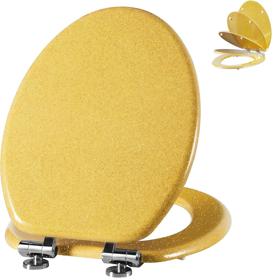 Angol Shiold Glitter Toilet Seat Molded Wood Elongated Toilet Seat with Quietly Close and Quick Release Hinges, Easy to Clean also Easy to Install (Elongated 18.5'', Yellow)