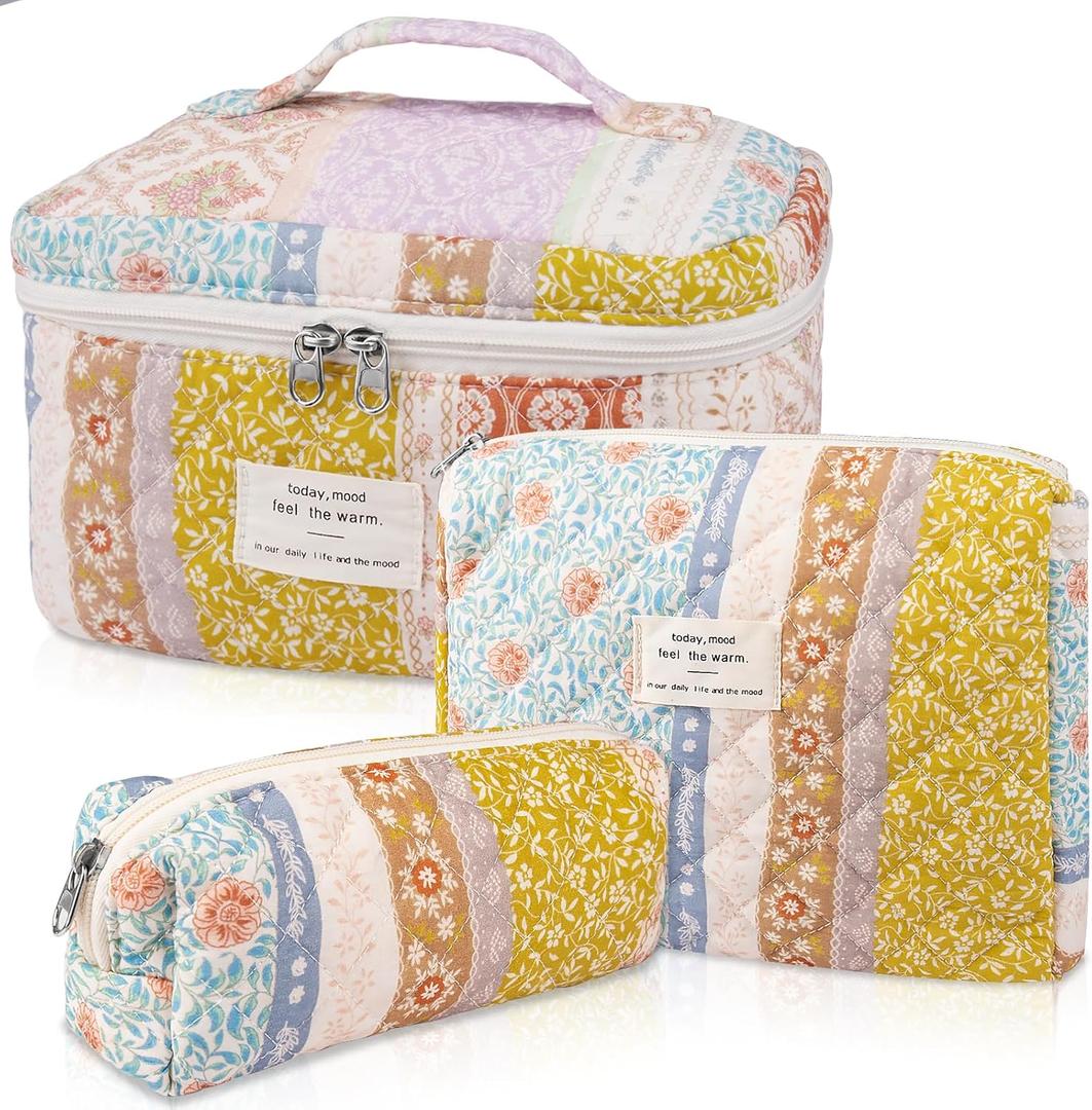 Quilted Makeup Bag Set, Large Floral Cosmetic Bag for Women, Cute Cotton Makeup Bag, Flower Travel Toiletry Organizer Bag(Color-Coded Floral) (Bee)