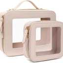 Travel Clear Makeup Bag Set, TSA Approved Cosmetic Bag Case with Zipper Portable Makeup Pouch Toiletry Bag Traveling Cosmetic Organizer Storage Bag Car Organizer Car Essentials (Mini + XL Luxe Beige) 2Pack