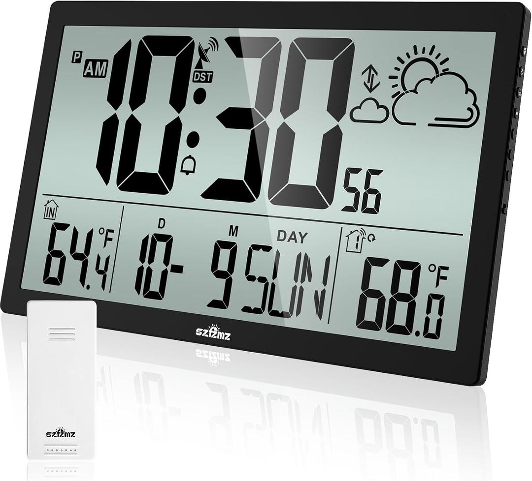 Weather Clock with Atomic Clock Indoor Outdoor Thermometer, 14.6" Large Atomic Wall Clock Battery Operated, Never Needs Setting! Wireless Outdoor Sensor, Auto DST, Wall Clock for Office/Home/School (Balck)
