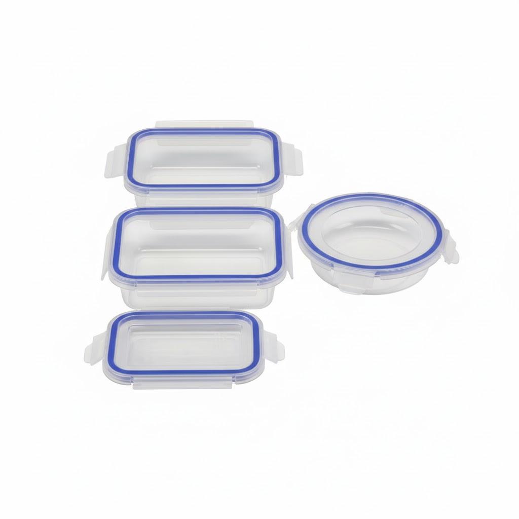 Amazon Basics Glass Food Storage Containers with Locking Lids, Set of 4, 8 pieces including lids, BPA-Free, clear with blue silicone ring