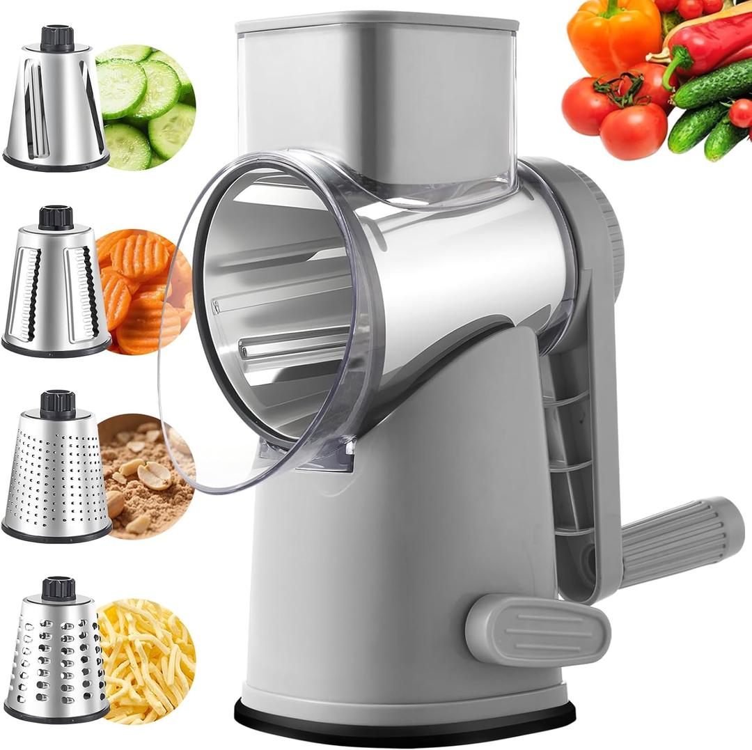 Rotary Cheese Graters with 4 Blades, Large Hand Crank Cheese Grater with Waffle Slicer, Grey Cheese Shredder with Suction Base, Easier for Shredding & Grating (Grey, 4 Graters) (Gray)