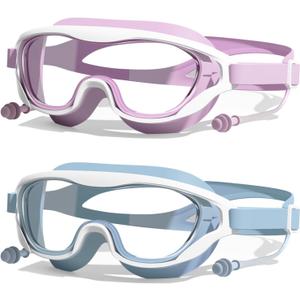 Kids Swim Goggles 2 Pack, Anti-Fog Anti-UV Wide View Swimming Goggles for Kids Boys & Girls Age 8-15 (Pink & Blue)