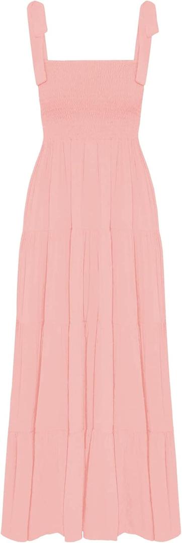 kinstell Women's Summer Boho Spaghetti Strap Square Neck Ruffle Casual Flowy Long Dress Beach Swing Party Maxi Dress (Light Pink), XL