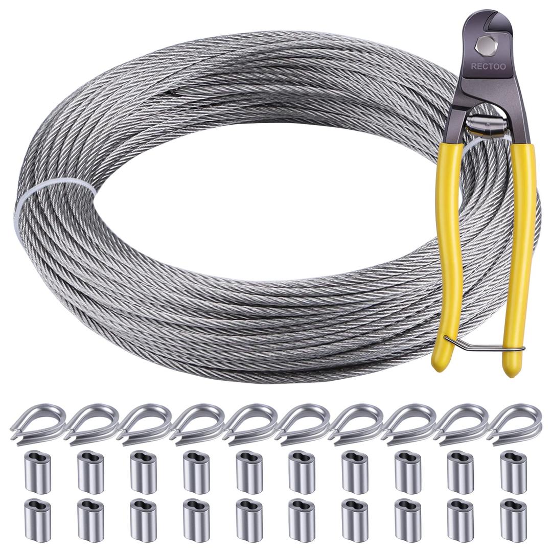 1/16 Stainless Steel Cable 100ft with 8" Wire Cutter, Marine Grade 316 7x7 Rope Kit, 10 M2 Thimbles & 20 M2 Sleeves for String Light Hanging, Picture Wire and Garden Trellis