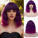 Women's Pink Brown Wig Short Curly Wavy Wig Shoulder Length Flat Bangs Wig For Women Girl Cosplay Party Halloween Wig Cap Included (Bright Purple Ombre)