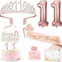 11th Birthday Decorations for Girls, 11th Birthday Sash and Crown, Cake Topper, Number Candles and Balloons, 11 Year Old Gifts for Girls