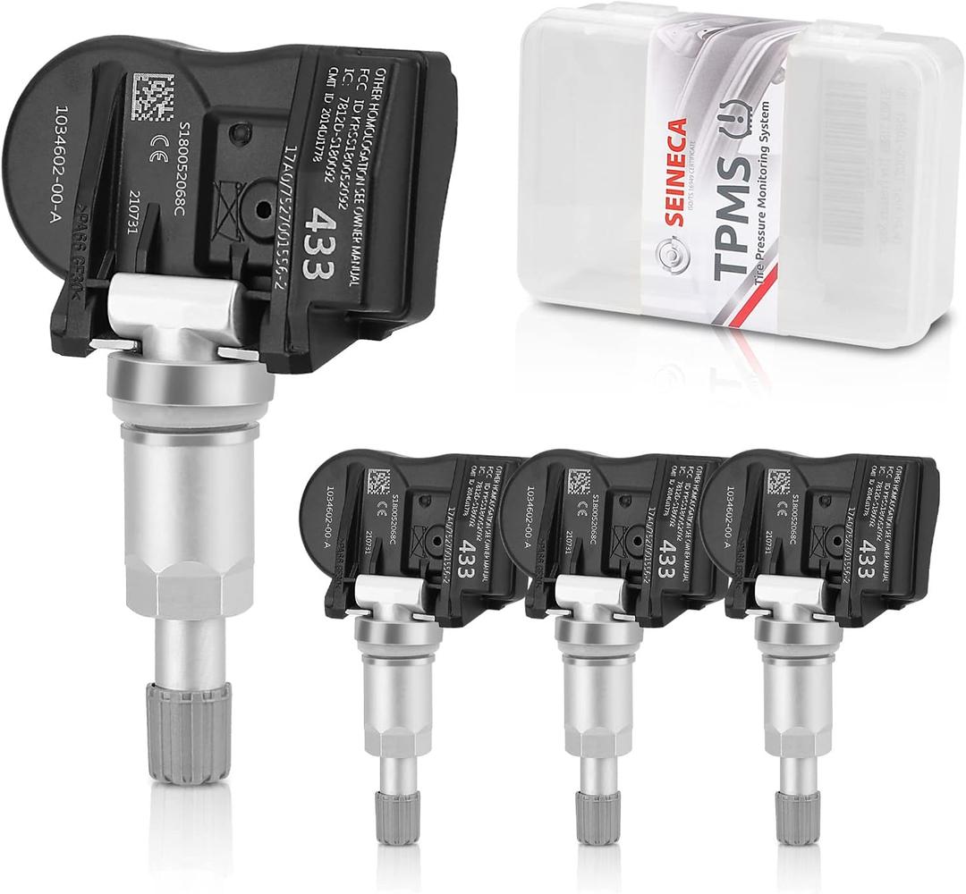 103460200A TPMS Sensor Set of 4, 433MHz Tire Pressure Monitoring Sensors Compatible with Tesla Model 3/ Model S/Model X, TPS with Metal TPMS Valve Stem