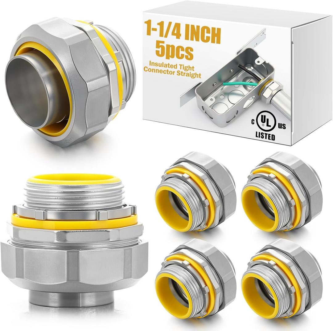 Gisafai 5 Pcs Liquid Tight Connector Straight Insulated Zinc Die Cast Metal Tight Electrical Conduit Fittings for 1-1/4 Inch Flexible and Type B Flexible