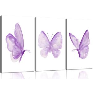 3Pcs Butterfly Canvas Wall Art Purple Butterfly Posters Pictures Minimalist Cute Animal Paintings Aesthetic Preppy Room Prints for Girls Bedroom Nursery Home Wall Decor Gift Framed