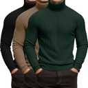 3 Pack Men's Ribbed Turtleneck Shirts, Long Sleeve Mock Neck Lightweight Pullover Sweaters Knit Base Layer Tee Tops (Large, Black, Khaki, Dark Green)
